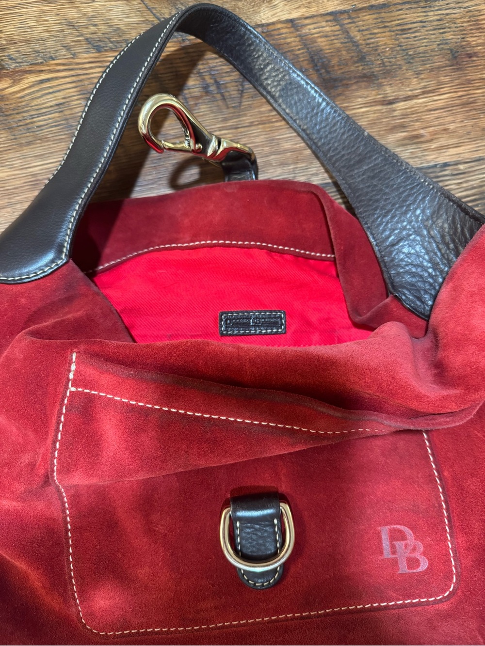 Dooney & Bourke Red Suede Shoulder Bag with Black Trim - Picture 2 of 2